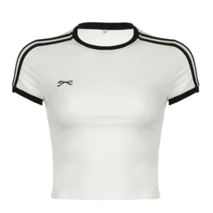 Women's Contrast Embroidered Bow Crop Top Casual Striped Print Short Sleeve Slim Fit White T-Shirt Y2K Streetwear Tees