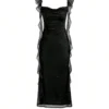Women's Elegant Black Sparkle Ruffle Strap Midi Dress Evening Party Cocktail Event Formal Gathering Appropriate Garment