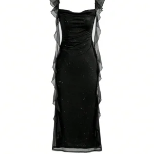 Women's Elegant Black Sparkle Ruffle Strap Midi Dress Evening Party Cocktail Event Formal Gathering Appropriate Garment