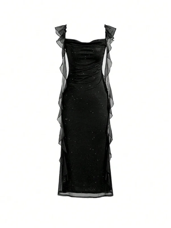 Women's Elegant Black Sparkle Ruffle Strap Midi Dress Evening Party Cocktail Event Formal Gathering Appropriate Garment