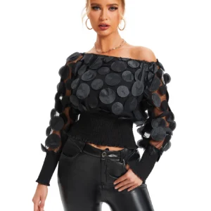 Applique Slant Shoulder Blouse, Elegant Long Sleeve Blouse For Spring & Fall Women's Clothing