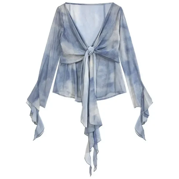 French Blue Ruffle V-neck Long Sleeve Chiffon Shirt for Women Spring Korean Chic Tie Dye Slimming Flare Sleeve Blouse Women Tops