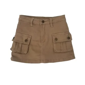 Women Retro Khaki Cargo Mini Skirt High Waist A Line Denim Workwear Short Skirt with Pockets