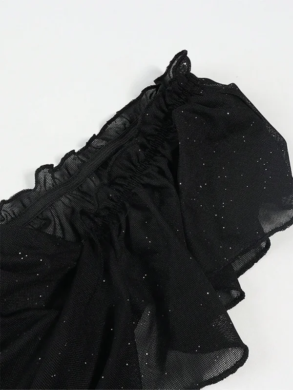 Women's Elegant Black Sparkle Ruffle Strap Midi Dress Evening Party Cocktail Event Formal Gathering Appropriate Garment