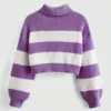 Women's Cropped Turtleneck Sweater Purple White Striped Gold Moon Embroidered Knit Top Fashionable Warm Clothing