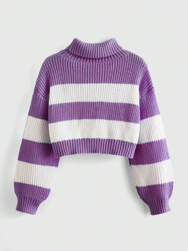 Women's Cropped Turtleneck Sweater Purple White Striped Gold Moon Embroidered Knit Top Fashionable Warm Clothing