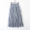 Women’s Elastic High Waist Tulle Mesh Irregular Layered Tutu Skirt Pleated A Line Long Maxi Skirt for Spring Summer