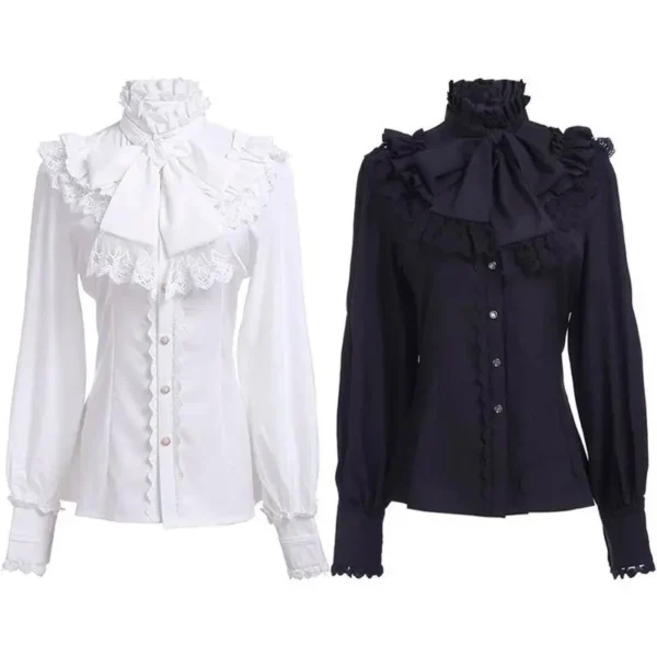 Women's Vintage Ruffle Collar Shirt 2026 Spring New Arrival High Neck Lace Trim Button Down Shirt Elegant Gothic Blouse Tops
