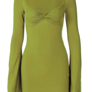 Women's Long Sleeve Ruched Bodycon Dresses Bell Sleeve Sexy Square Neck LowCut Cocktail Club Party Mini Short Dress