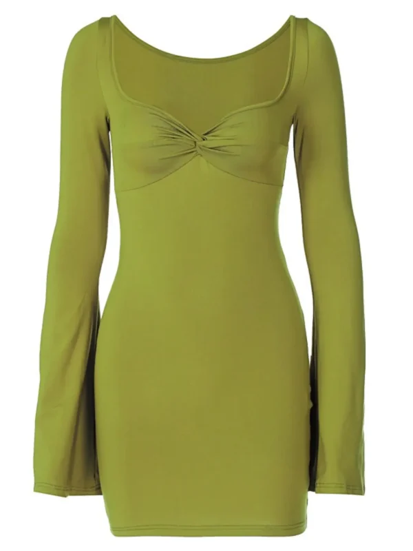 Women's Long Sleeve Ruched Bodycon Dresses Bell Sleeve Sexy Square Neck LowCut Cocktail Club Party Mini Short Dress