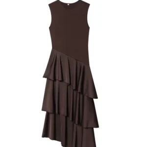 Women MIDI Tank Dress 2026 Summer Fashion Solid O-Neck Sleeveless Cascading Ruffle Female Elegant Street Dresses Clothes