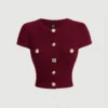 S426f3b63350a4087977fbb65c145c50f5.webp 2026 New European & American Retro Elegant Burgundy Knit Cardigan - Short-Sleeve Slim Top, Versatile for Daily Outings