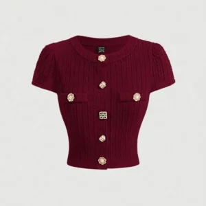 2026 New European & American Retro Elegant Burgundy Knit Cardigan - Short-Sleeve Slim Top, Versatile for Daily Outings