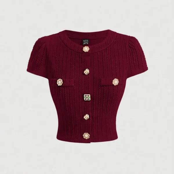 S426f3b63350a4087977fbb65c145c50f5.webp 2026 New European & American Retro Elegant Burgundy Knit Cardigan - Short-Sleeve Slim Top, Versatile for Daily Outings