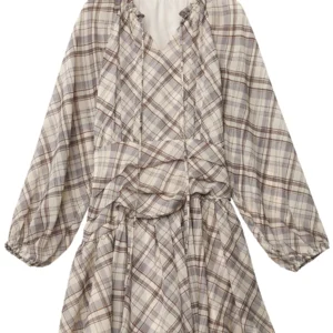 CHIC VEN Fashion Women Dresses V Neck Loose Casual New A Line Lace Up Long Sleeved Plaid Dress Puff Sleeve Spring Autumn 2026