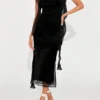 Women's Elegant Black Sparkle Ruffle Strap Midi Dress Evening Party Cocktail Event Formal Gathering Appropriate Garment