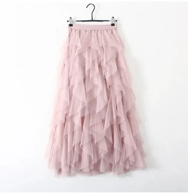 Women’s Elastic High Waist Tulle Mesh Irregular Layered Tutu Skirt Pleated A Line Long Maxi Skirt for Spring Summer