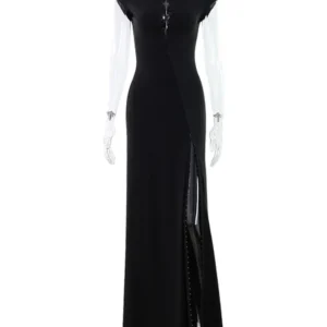 CNYISHE Short Sleeve O Neck Women Dresses Split Metal Buckle Solid Sheath Sexy Club Fashion Evening Party Outfits Female Bodycon