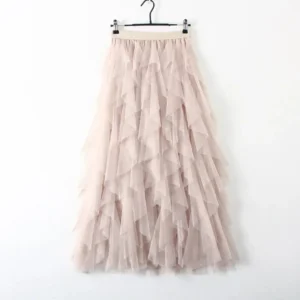 Women’s Elastic High Waist Tulle Mesh Irregular Layered Tutu Skirt Pleated A Line Long Maxi Skirt for Spring Summer