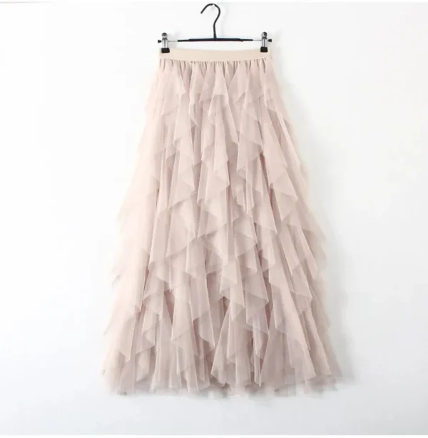 Women’s Elastic High Waist Tulle Mesh Irregular Layered Tutu Skirt Pleated A Line Long Maxi Skirt for Spring Summer