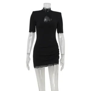 Lace Patchwork Hollow Out Bodycon Sheath High Collar Women Dresses Half Sleeves Outfits Sexy Club Fashion Female Mini Vestidos