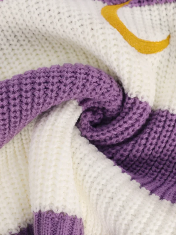 Women's Cropped Turtleneck Sweater Purple White Striped Gold Moon Embroidered Knit Top Fashionable Warm Clothing