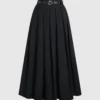 Black waist long pleated skirt, black high waist pleated skirt (with belt)