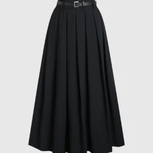 Black waist long pleated skirt, black high waist pleated skirt (with belt)