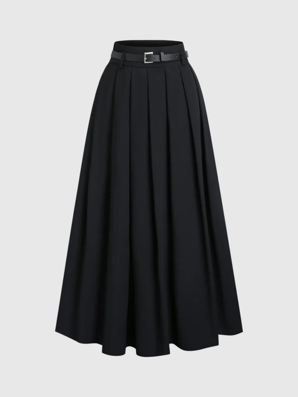 Black waist long pleated skirt, black high waist pleated skirt (with belt)
