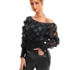 Applique Slant Shoulder Blouse, Elegant Long Sleeve Blouse For Spring & Fall Women's Clothing