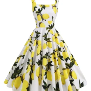 2025 New Hepburn Vintage Lemon Print 50s Pinup Women Cotton Dresses Square Neck Summer Sleeveless High Waist Elegant Party Dress