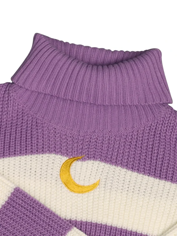 Women's Cropped Turtleneck Sweater Purple White Striped Gold Moon Embroidered Knit Top Fashionable Warm Clothing