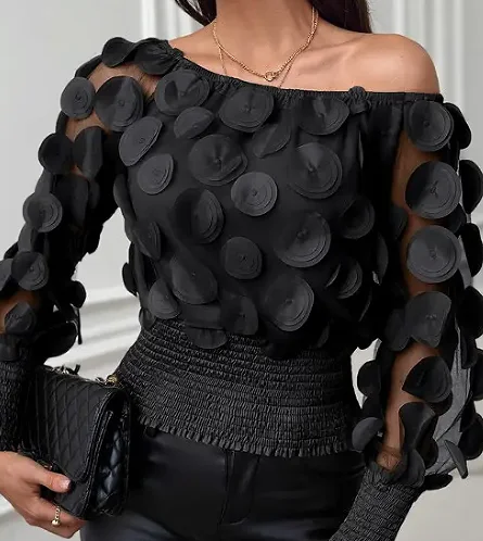 Applique Slant Shoulder Blouse, Elegant Long Sleeve Blouse For Spring & Fall Women's Clothing