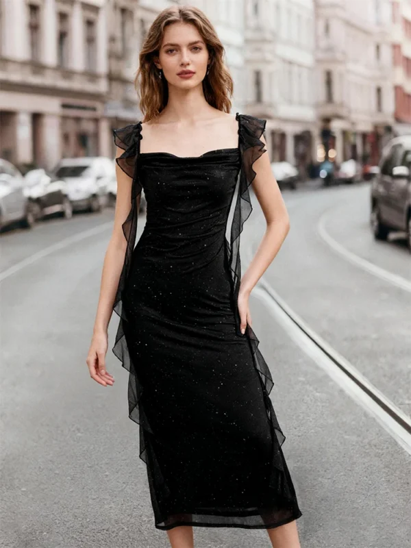 Women's Elegant Black Sparkle Ruffle Strap Midi Dress Evening Party Cocktail Event Formal Gathering Appropriate Garment