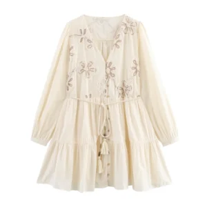 MUJER Flower Embroidered Mini Dress Women Tassel Pleated Short Dresses for Woman Summer Beach Women's Dress Boho Dress Woman