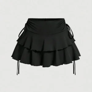 Drawstring And Fold Detail Solid Color Cake Skirt, Spring/Summer, Party Skirt, Beach Skirt, Summer Vacation Outfits