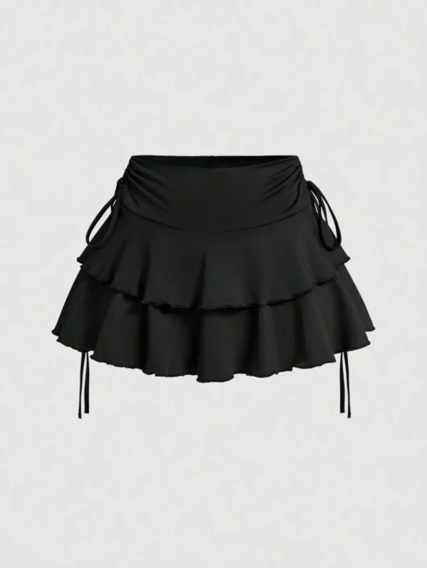 Drawstring And Fold Detail Solid Color Cake Skirt, Spring/Summer, Party Skirt, Beach Skirt, Summer Vacation Outfits