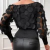 Applique Slant Shoulder Blouse, Elegant Long Sleeve Blouse For Spring & Fall Women's Clothing
