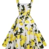 2025 New Hepburn Vintage Lemon Print 50s Pinup Women Cotton Dresses Square Neck Summer Sleeveless High Waist Elegant Party Dress