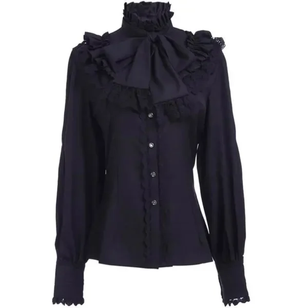 Women's Vintage Ruffle Collar Shirt 2026 Spring New Arrival High Neck Lace Trim Button Down Shirt Elegant Gothic Blouse Tops