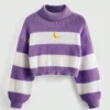 Women's Cropped Turtleneck Sweater Purple White Striped Gold Moon Embroidered Knit Top Fashionable Warm Clothing