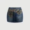 2026 Summer Women's High Waist Letter Print Denim Mini Skirt Y2K Distressed Bodycon Jean Skirt Casual Streetwear for Party Club
