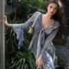 French Blue Ruffle V-neck Long Sleeve Chiffon Shirt for Women Spring Korean Chic Tie Dye Slimming Flare Sleeve Blouse Women Tops