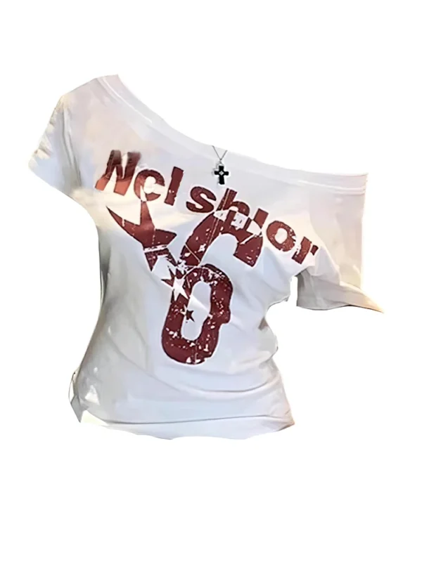 Y2k Sport Summer Off shoulder Top Women Sexy Vintage 2000s Short sleeve T shirt Lady Body Basic Crop Top Female Casual