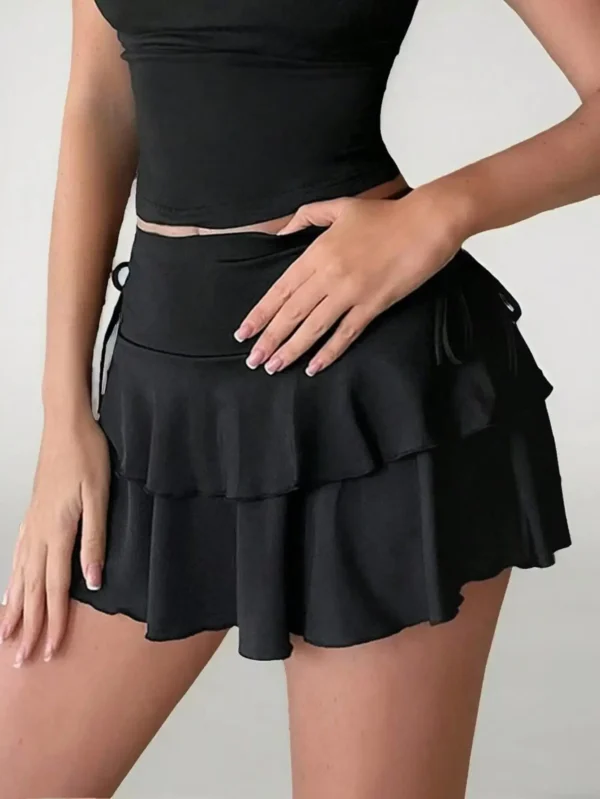 Drawstring And Fold Detail Solid Color Cake Skirt, Spring/Summer, Party Skirt, Beach Skirt, Summer Vacation Outfits