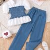129485f1-1366-4e77-a251-233424309ccb.jpg Girls' Spring & Summer Bubble Sleeve Collared Top and Wide-Leg Pants 2-Piece Set