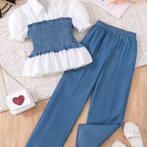 129485f1-1366-4e77-a251-233424309ccb.jpg Girls' Spring & Summer Bubble Sleeve Collared Top and Wide-Leg Pants 2-Piece Set