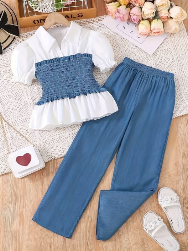 129485f1-1366-4e77-a251-233424309ccb.jpg Girls' Spring & Summer Bubble Sleeve Collared Top and Wide-Leg Pants 2-Piece Set