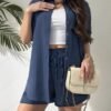 Navy Short Sleeve Cardigan & Shorts Set