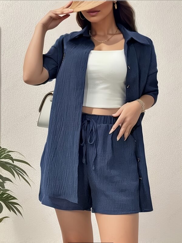 Navy Short Sleeve Cardigan & Shorts Set